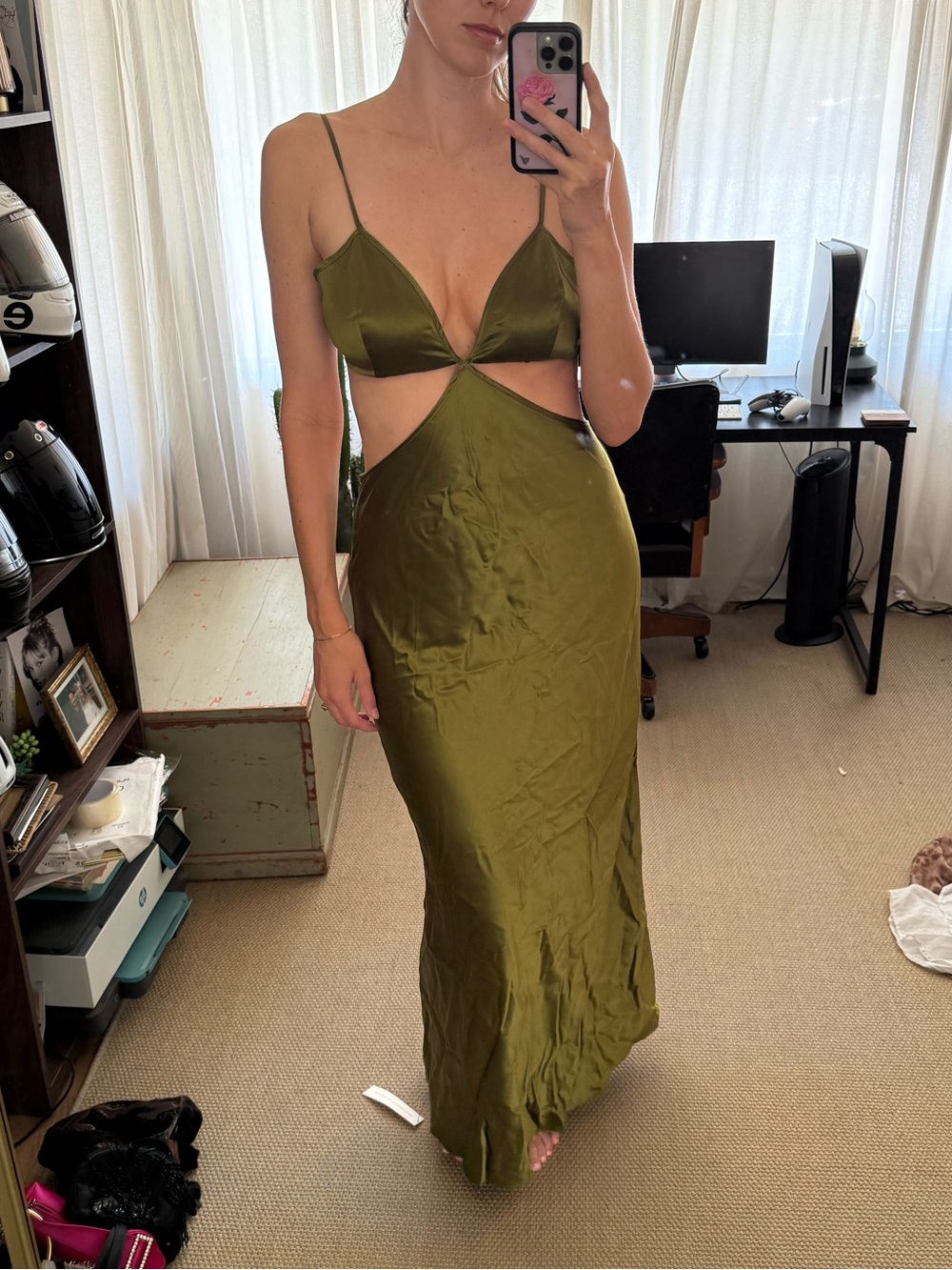 Reformation Olive Green Cutout Satin Maxi Dress